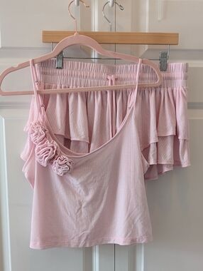 Anthropologie Light Pink Ruffle-Trim PJ Set